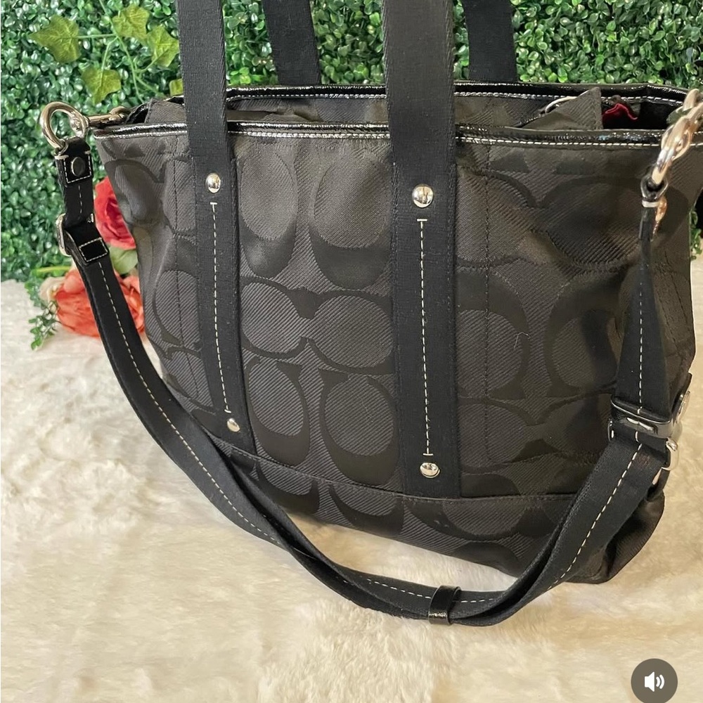Coach Black Tote Bag with Signature Pattern and Silver Hardware